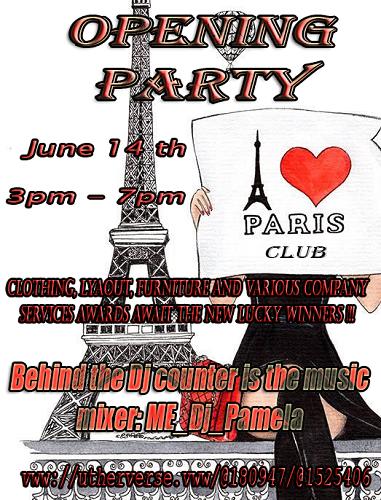 A romantic place in the heart of Paris! Have fun with your friends and sweetheart in the shining lights of the Eiffel Tower! Provides an easy music style for everyone: ME_Dj_Pamela. Every Sunday from 3 pm-7pm. Many prizes await those who come. We wish everyone fun! =) vww://utherverse.vww/@180947/@1525406