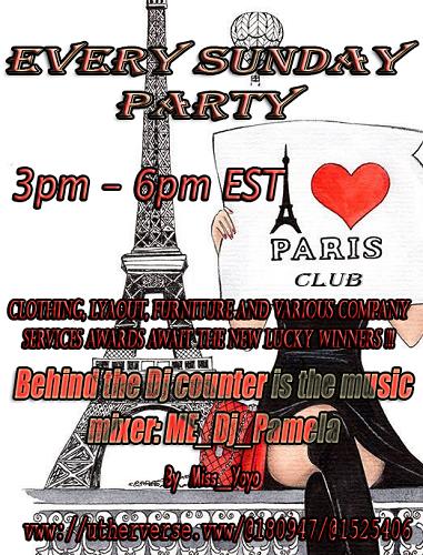 A romantic place in the heart of Paris! Have fun with your friends and sweetheart in the shining lights of the Eiffel Tower! Provides an easy music style for everyone: ME_Dj_Pamela. Every Sunday from 3 pm-6pm. Many prizes await those who come. We wish everyone fun! =) vww://utherverse.vww/@180947/@1525406